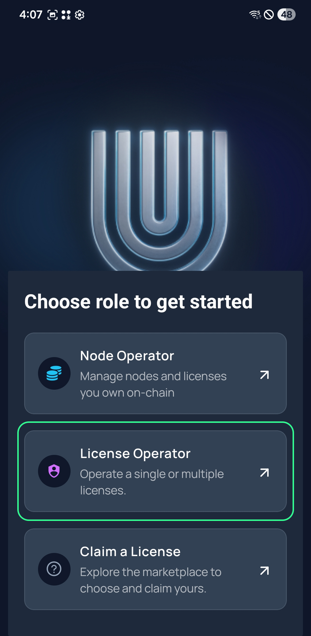 Unetwork app screen showing the license operator setup option