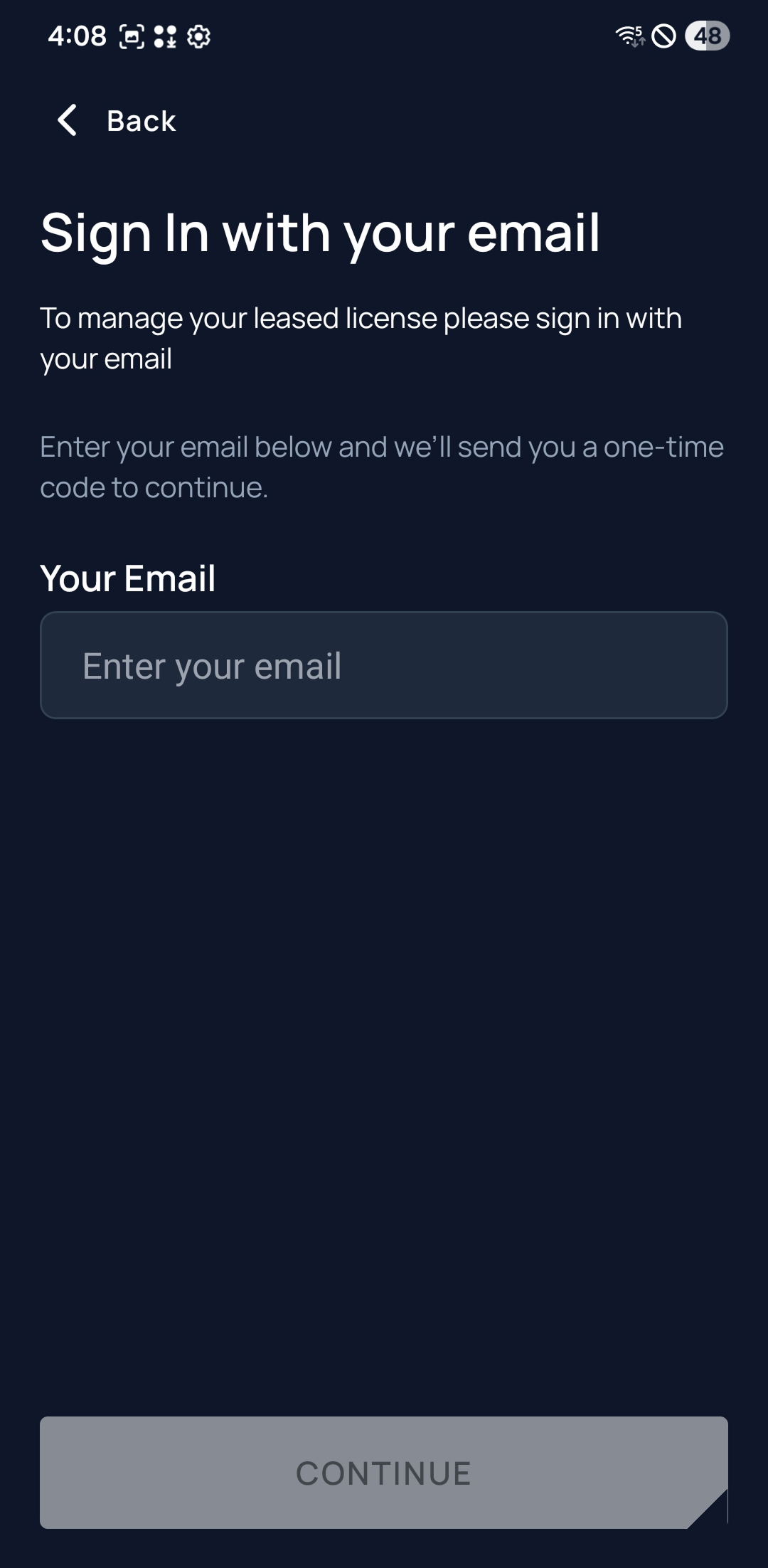 Unetwork app screen prompting for email address with Continue button