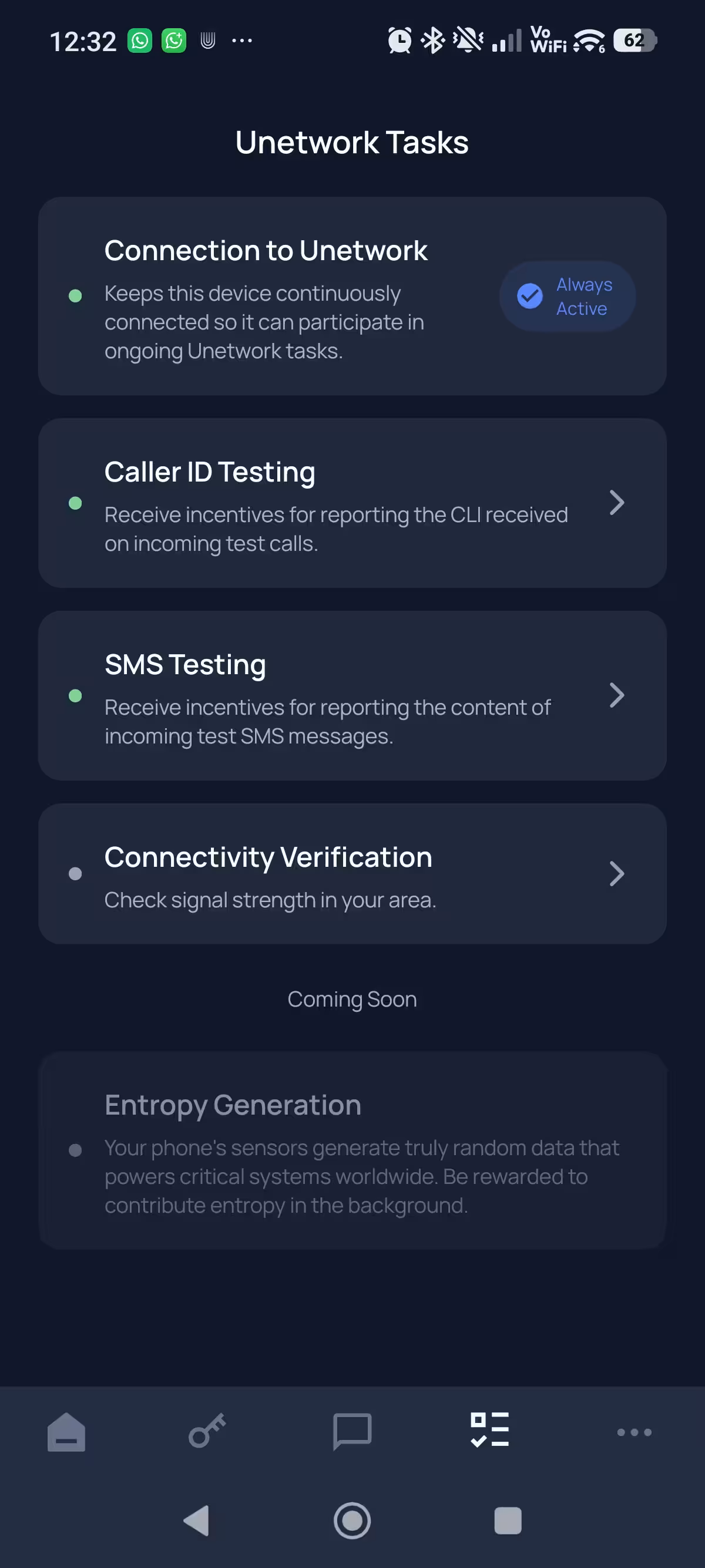 Unetwork app showing tasks available to activate