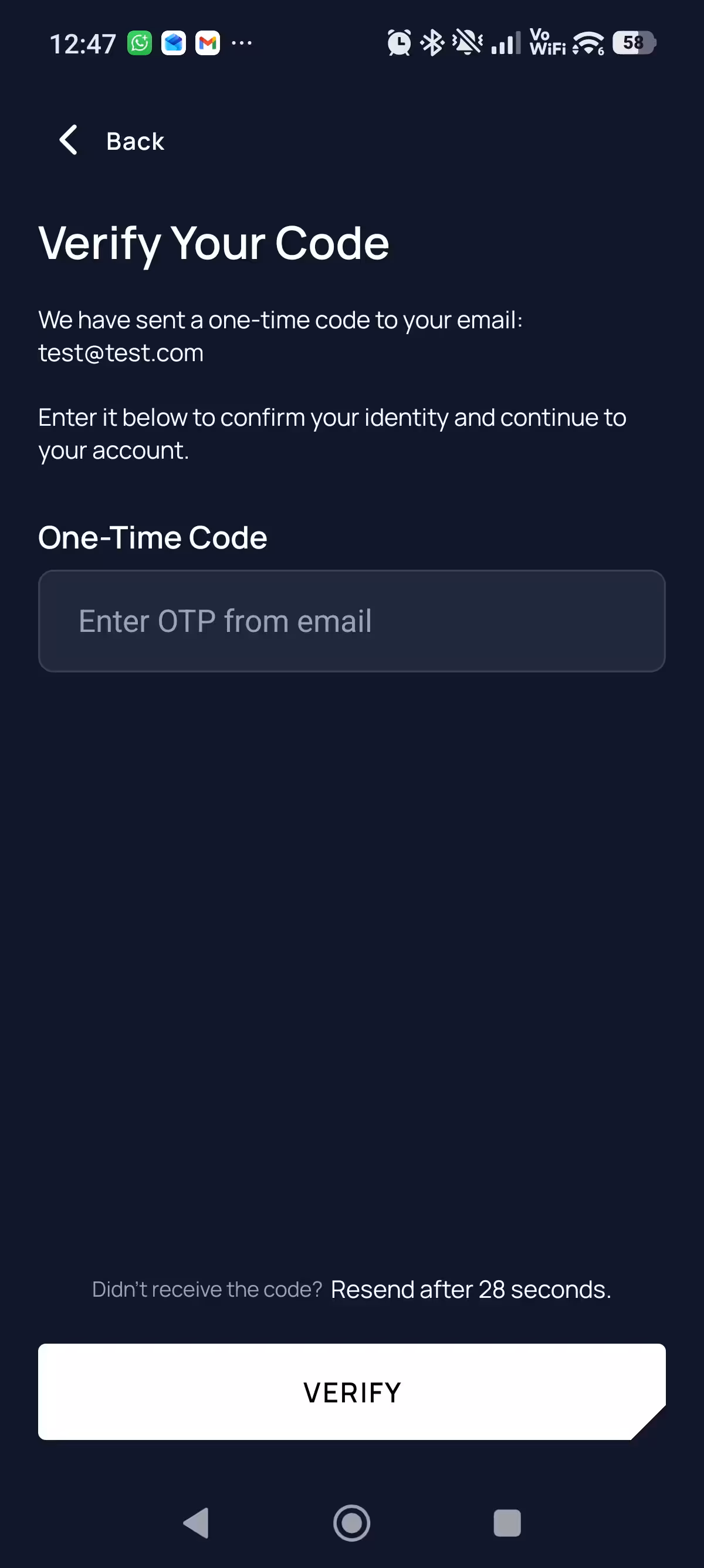 Unetwork app screen for verifying a one-time code