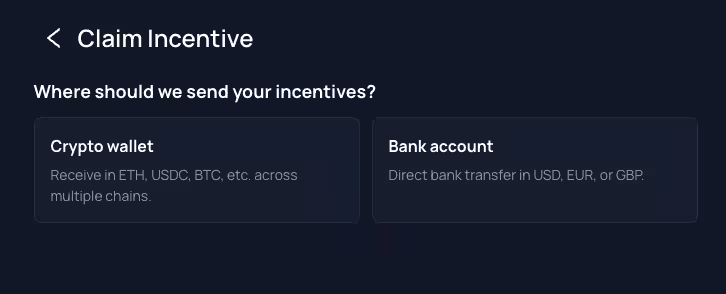 Unetwork withdrawal screen showing crypto wallet and bank account choices