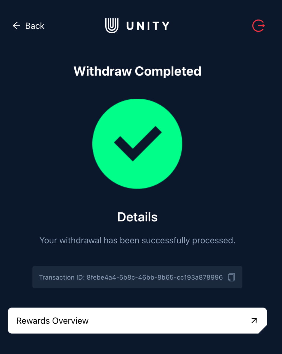 Unetwork withdrawal completed screen